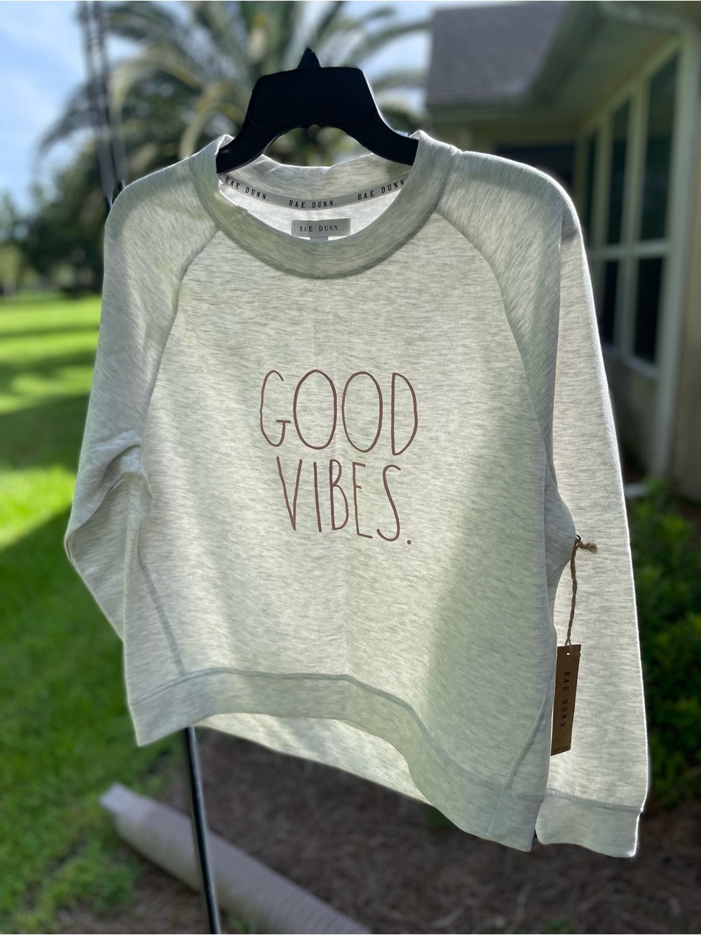 Rae Dunn Light Gray "Good Vibes." Crewneck Sweatshirt - Women